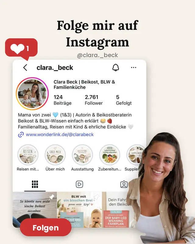 Instagram-Profil von Clara Beck mit Aufruf, ihr zu folgen